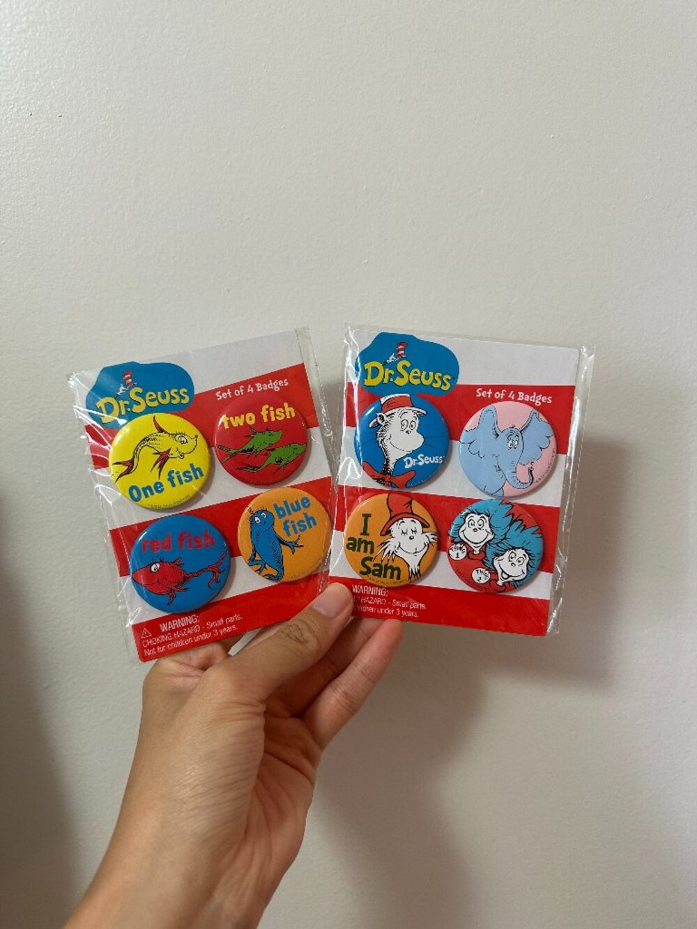 NEW pack of two Dr. Seuss Pinback Button Badges - 8 total
